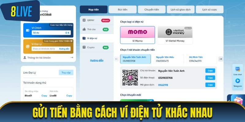 Gửi tiền bằng các ví điện tử khác nhau