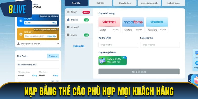 Nạp bằng thẻ cào phù hợp mọi khách hàng